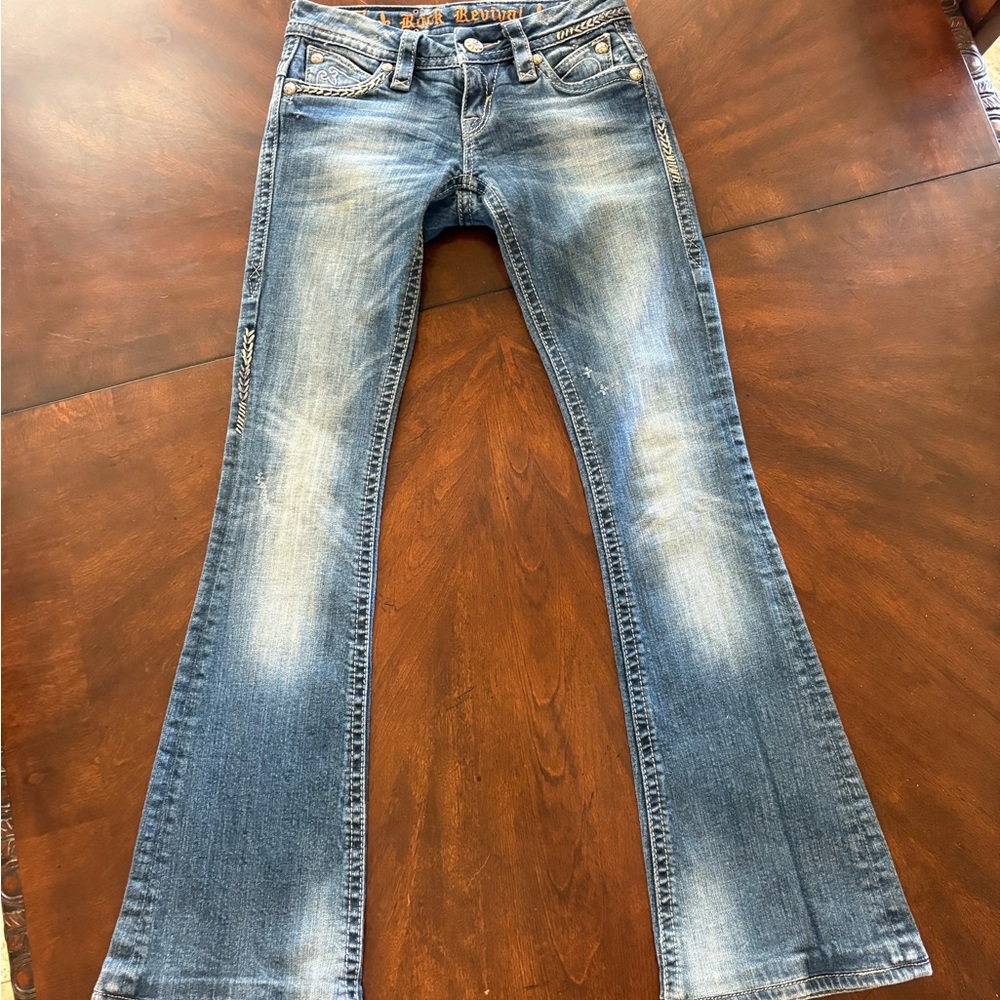 Rock Revival Blue Boot Cut Jeans with Distressed Look